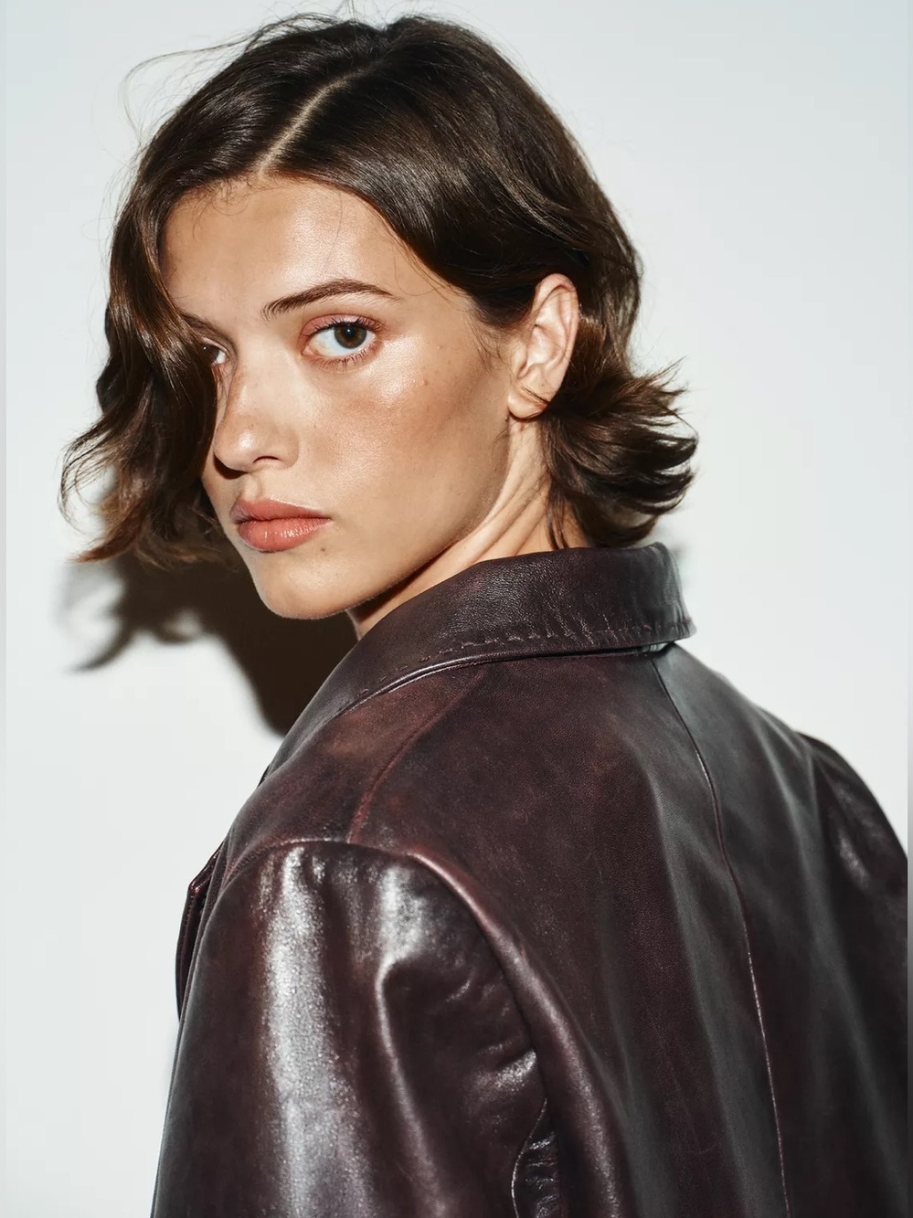 Zara 100% Leather Topstitching Coat Jacket Long Sleeves Button Up Lapel Collar - Picture 4 of 16